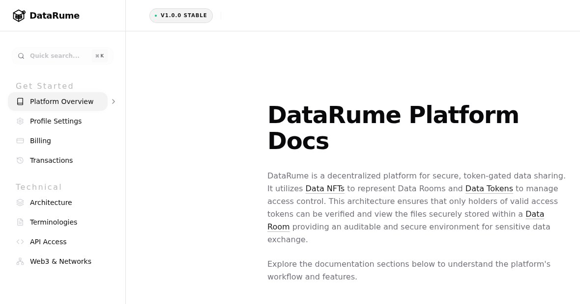 The DataRume Platform Docs home page, showing a V1.0.0 STABLE badge, a left navigation of Get Started and Technical sections, and the platform's positioning paragraph.