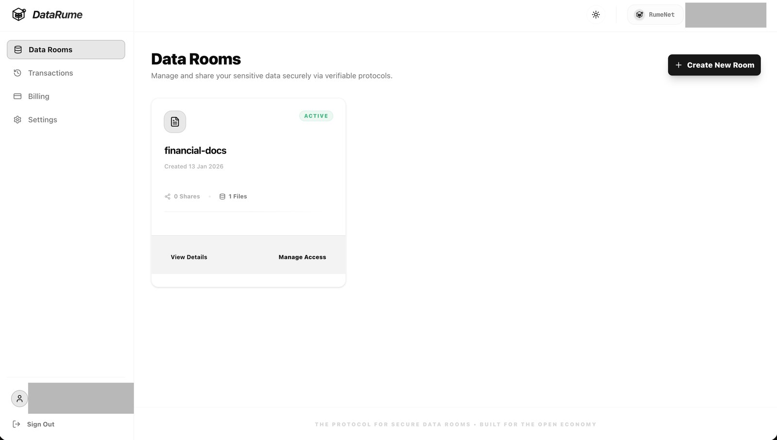 DataRume's Data Rooms screen: one room named financial-docs marked ACTIVE, showing 0 shares and 1 file, with View Details and Manage Access actions, a RumeNet network chip in the header and a Create New Room button.