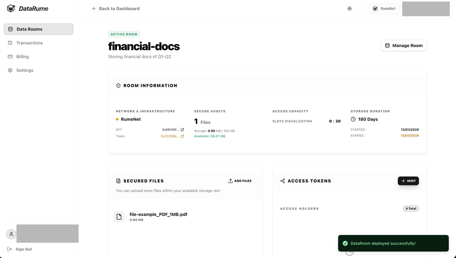 DataRume room details for a room named financial-docs marked ACTIVE ROOM: room information showing network RumeNet with linked NFT and Token addresses, 1 file at 0.99 MB of 100 MB, slots 0 of 20, storage duration 180 days, a Secured Files list and an Access Tokens panel with a Mint button.