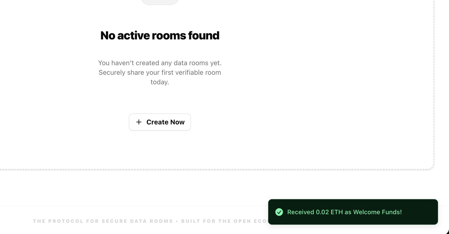 DataRume's empty-state Data Rooms screen — “No active rooms found”, with a Create Now button — and a confirmation toast reading “Received 0.02 ETH as Welcome Funds!”