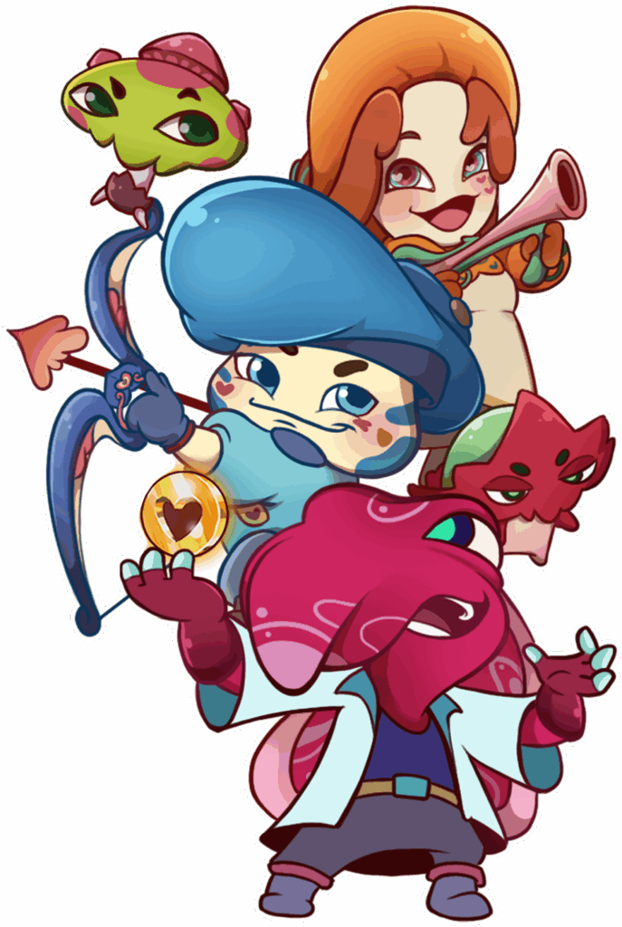 Character line-up: an archer boy holding a bow and a gold heart coin, a girl with a horn, and a magenta squid-headed figure in a white coat.