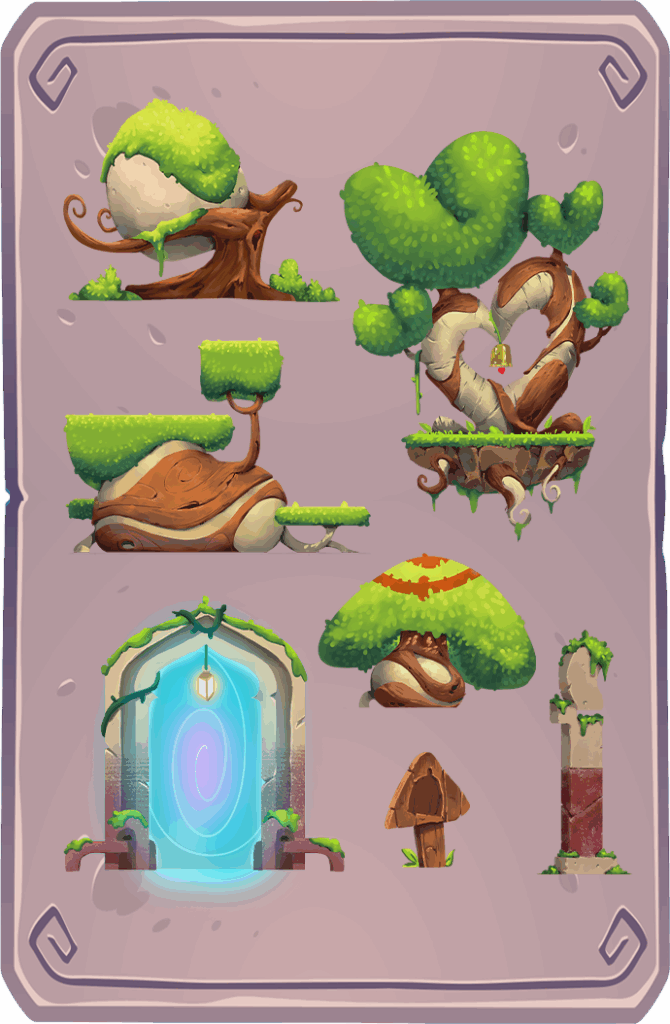Environment asset sheet showing seven level props, including a heart-shaped tree holding a bell and a glowing portal doorway.
