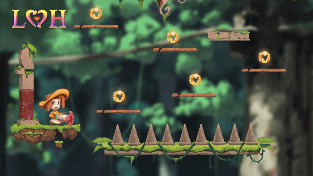 In-game capture: an orange-haired character stands on a crumbling pillar above a row of spikes, with gold heart coins floating between plank platforms.