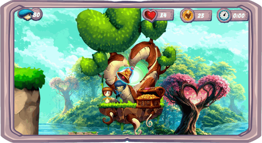 In-game capture with the HUD showing a score of 80, four lives, 23 heart coins and a 0:00 timer; two characters stand beside an open treasure chest under a heart-shaped tree holding a glowing bell.