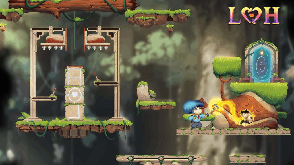 In-game capture: a character in a blue hat stands on a mossy ledge casting golden magic at a sleeping cat, beside a glowing cyan portal arch, with spiked crushing traps to the left.