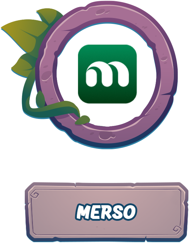 Merso partner medallion: a circular purple stone medallion with the Merso mark and a stone nameplate.