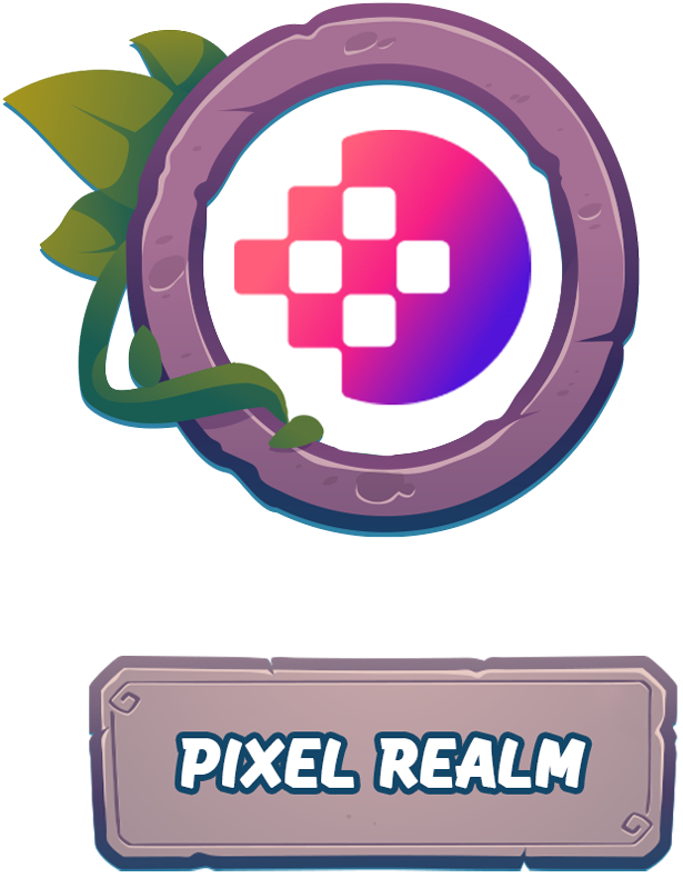 Pixel Realm partner medallion: a circular purple stone medallion with the Pixel Realm mark and a stone nameplate.