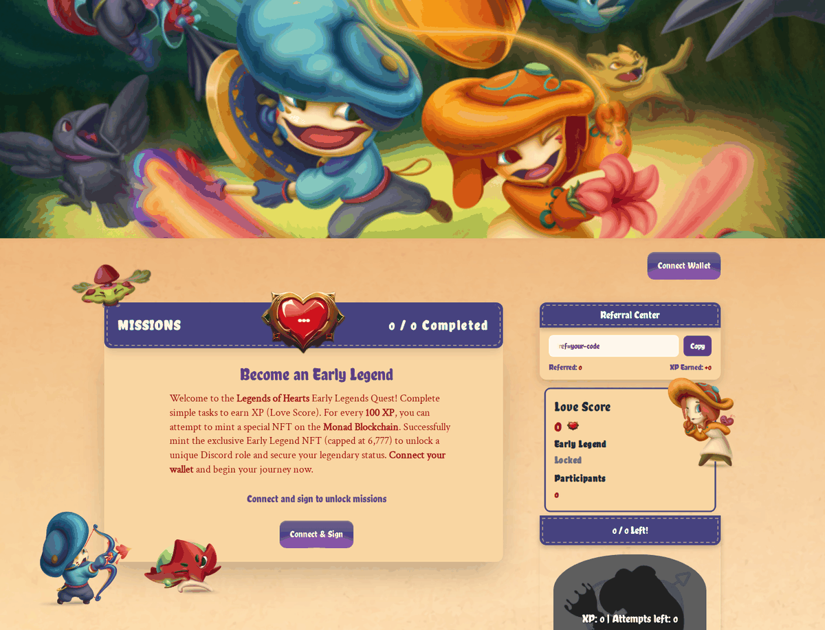 The quests app landing screen, gated behind connecting a wallet.