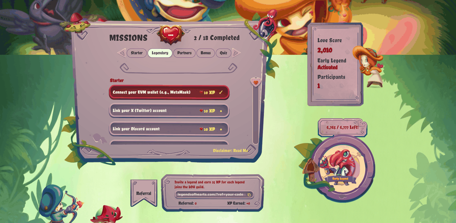 The Missions screen of the Legends of Hearts quests app: a Missions panel reading 2 / 18 Completed, mission categories Starter, Legendary, Partners, Bonus and Quiz, individual tasks worth 10 XP each such as connecting an EVM wallet and linking X and Discord, a 25 XP referral, a Love Score counter, an Early Legend activation state and a remaining-supply counter.