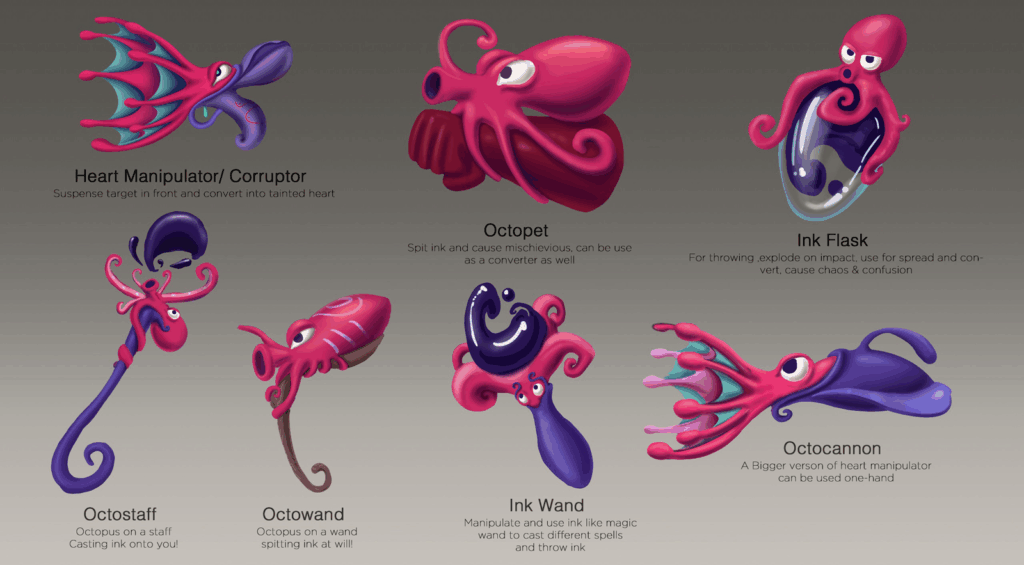 Concept sheet showing seven octopus-themed weapons, each one labelled.