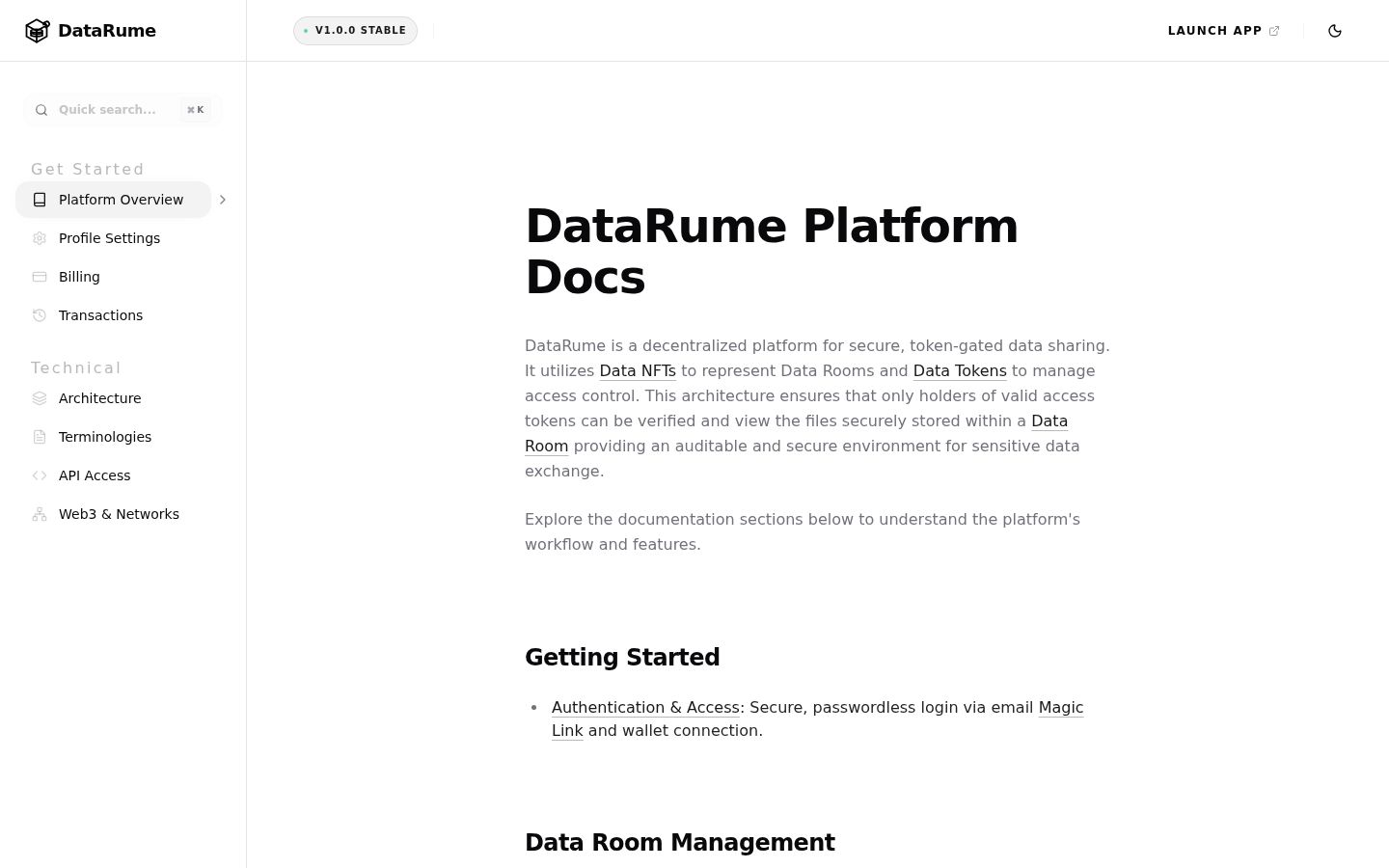 DataRume Platform Docs site, version 1.0.0 stable.