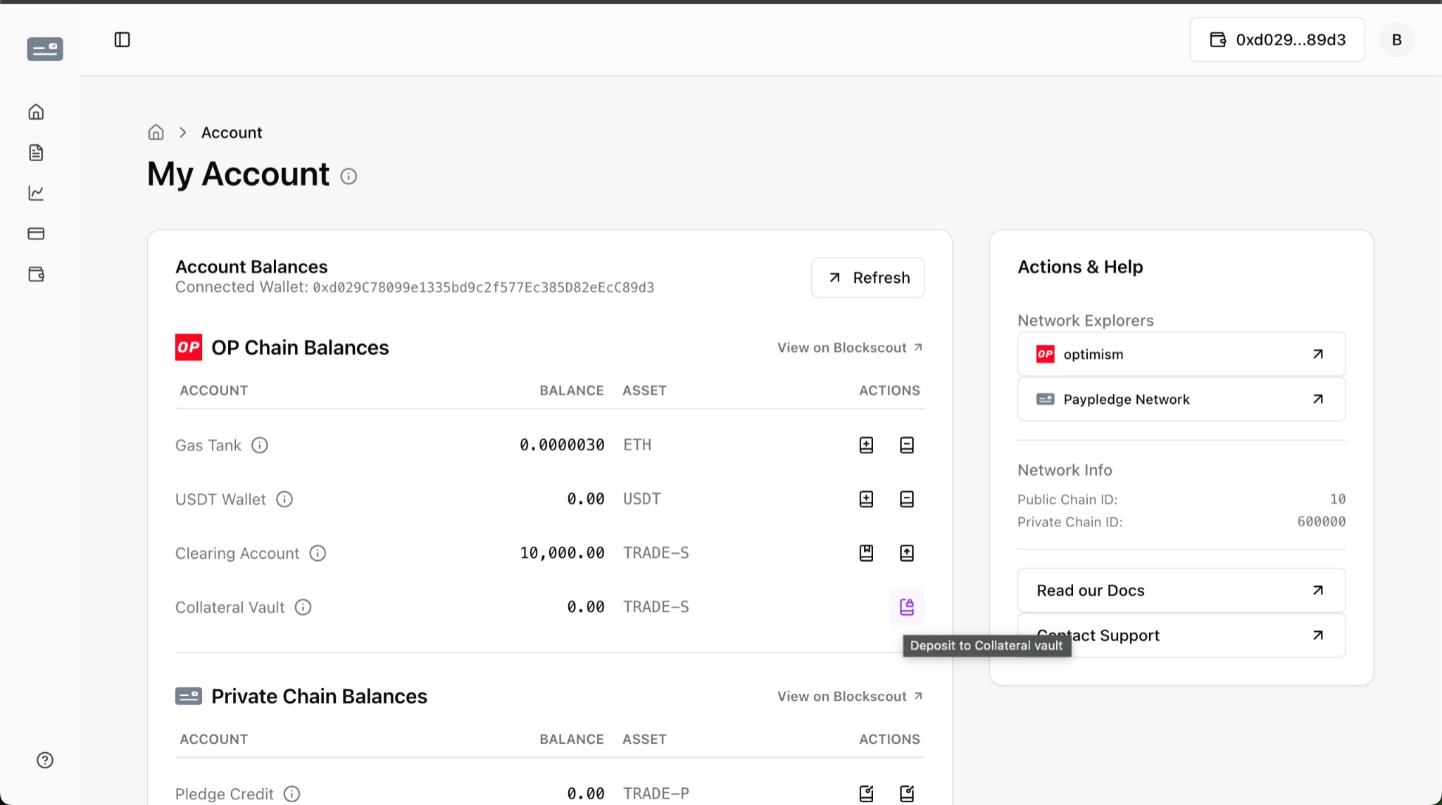 SecureTrade Trader, My Account page: OP Chain balances (Gas Tank in ETH, USDT wallet, Clearing Account 10,000 TRADE-S, Collateral Vault) and Private Chain balances, with network info showing public chain ID 10 and private chain ID 600000.