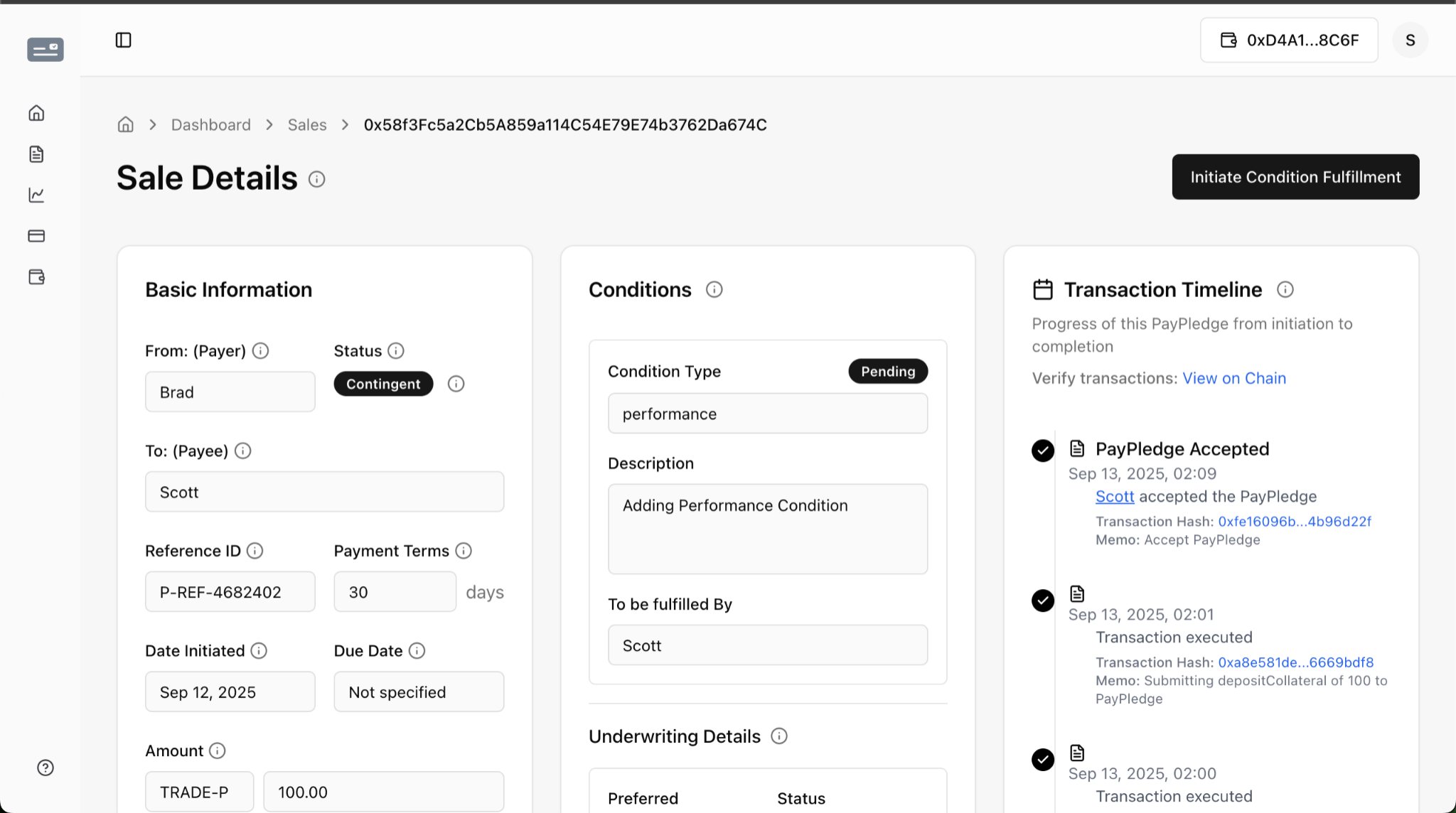 Sale Details page with status Contingent: payer Brad, payee Scott, 100 TRADE-P, 30-day terms, a pending performance condition, and a transaction timeline showing PayPledge Accepted with transaction hashes.