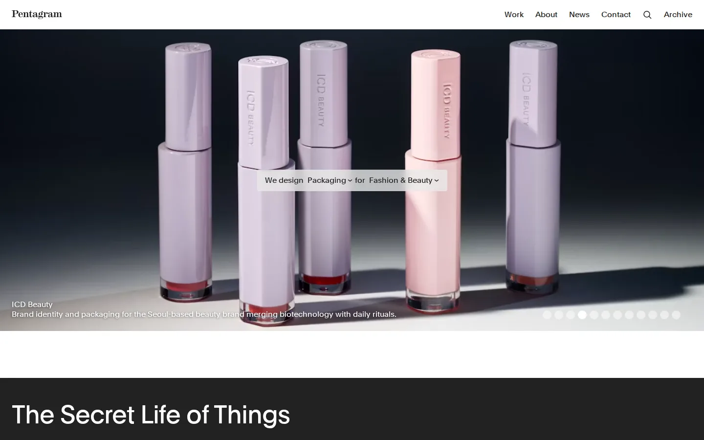 Pentagram homepage at 1440×900: full-bleed project image with a centred filter sentence.