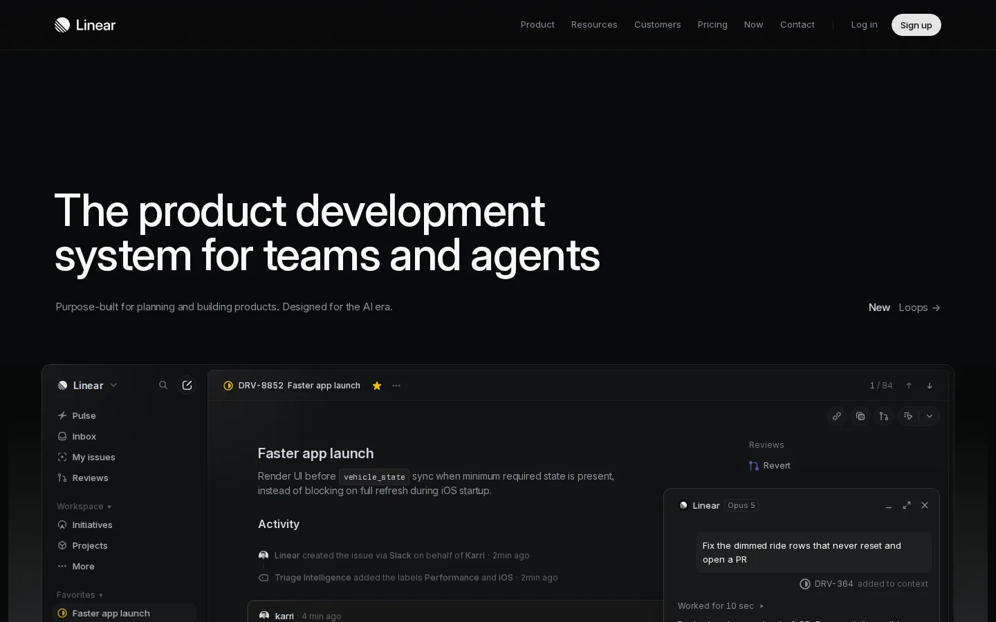 Linear homepage at 1440×900: near-black ground, white headline, product screenshot bleeding off the bottom.