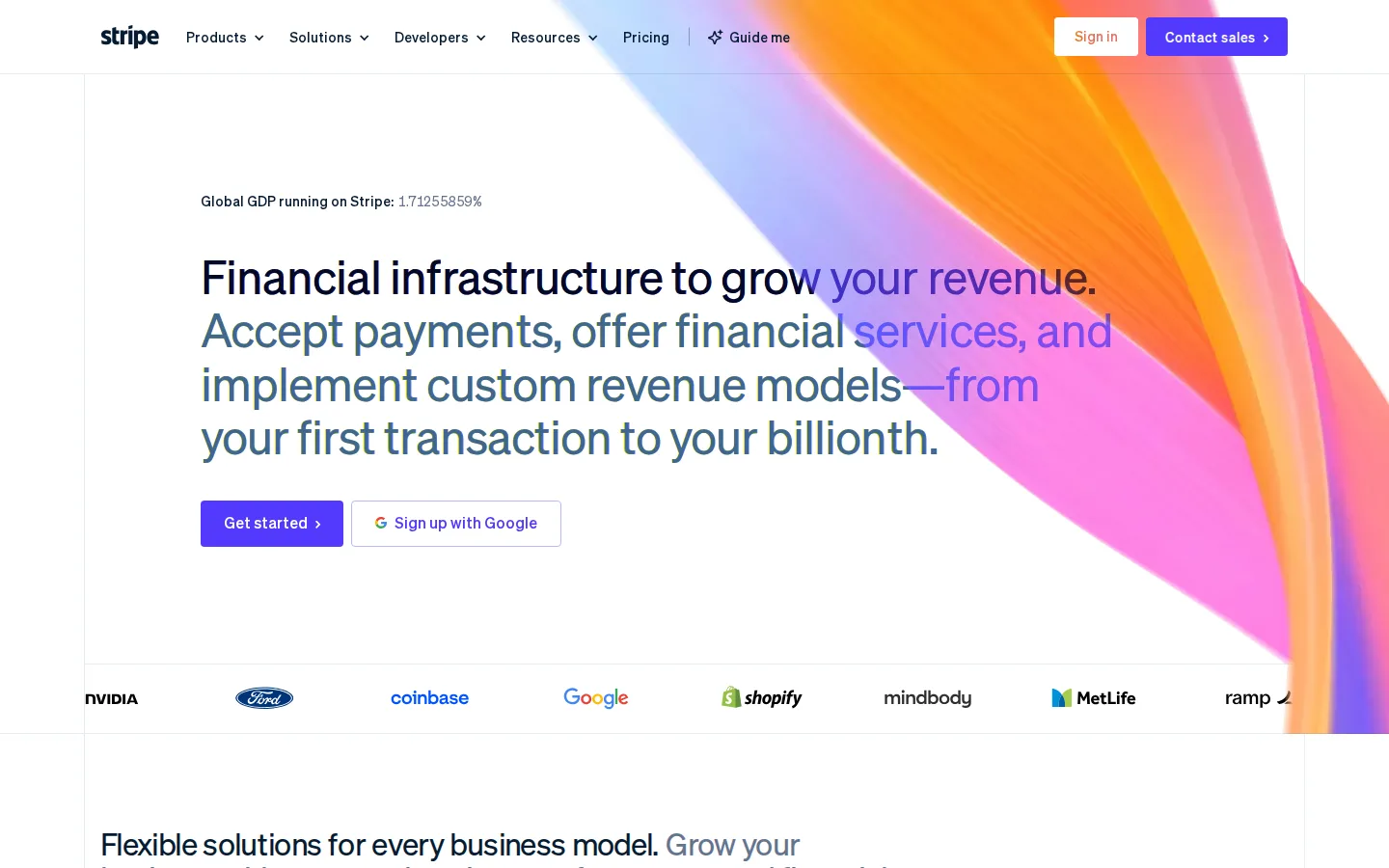 Stripe homepage at 1440×900: one diagonal gradient ribbon behind a white hero.