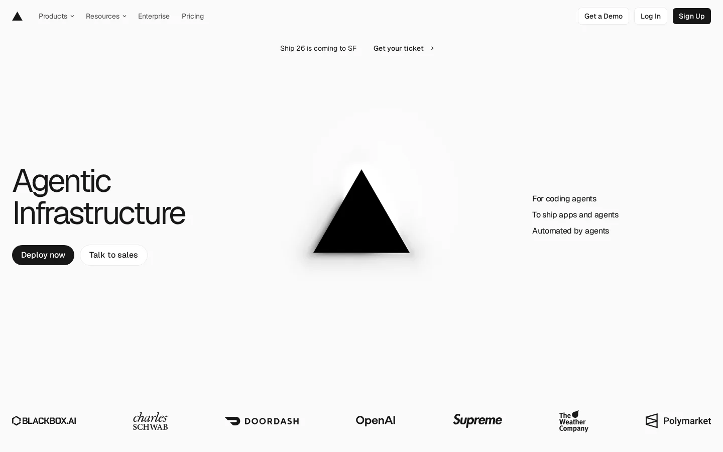 Vercel homepage at 1440×900: black and white, headline left, 3D triangle centred.