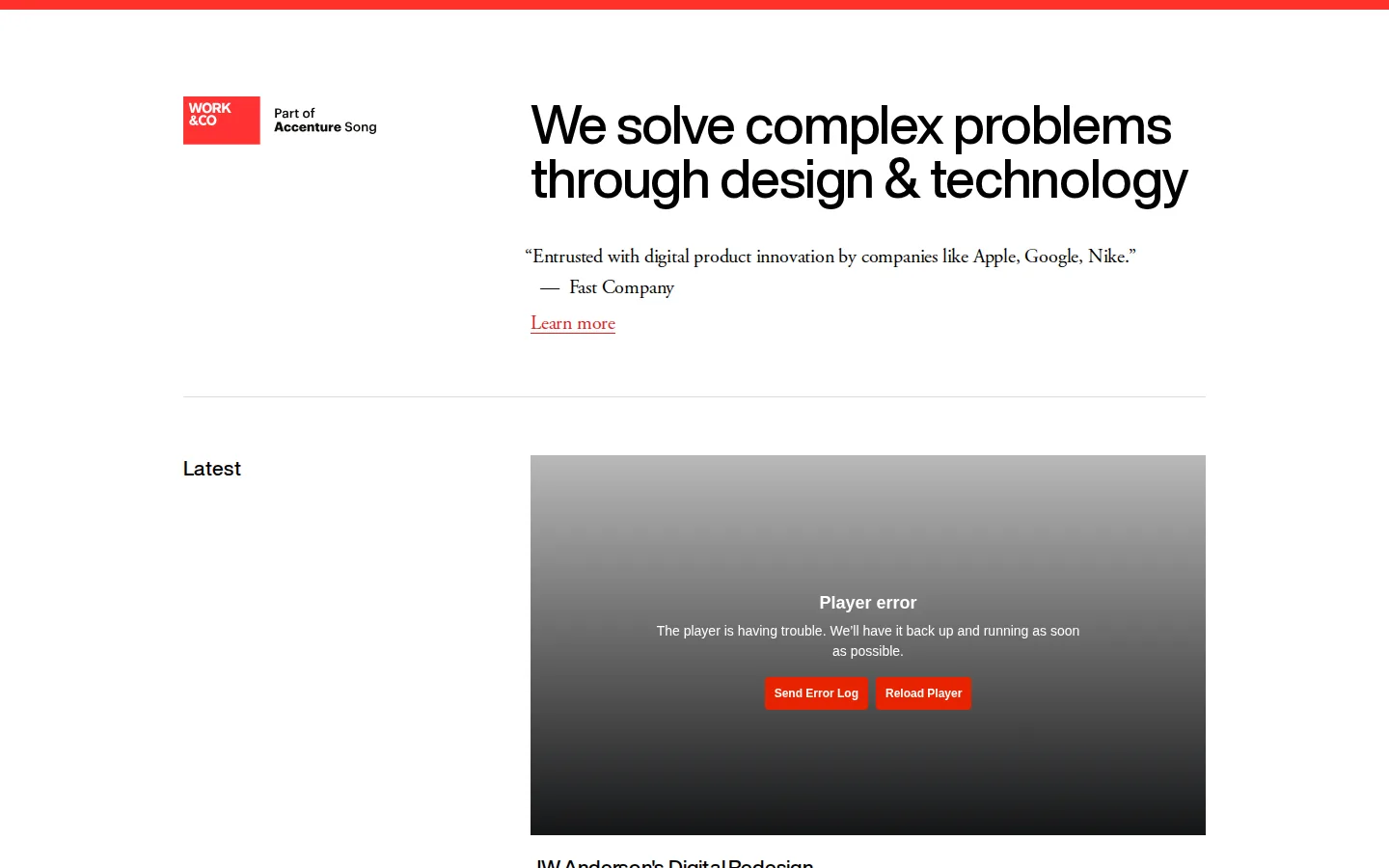Work & Co homepage at 1440×900: red top bar, black on white two-column editorial grid.