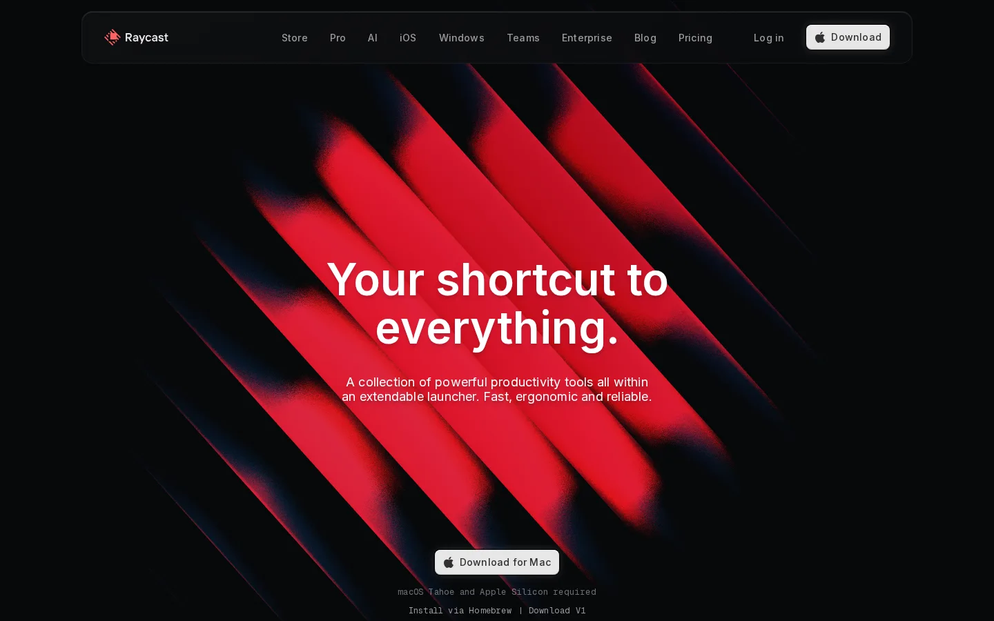 Raycast homepage at 1440×900: dark UI with a diagonal red and black brushed gradient behind a centred headline.