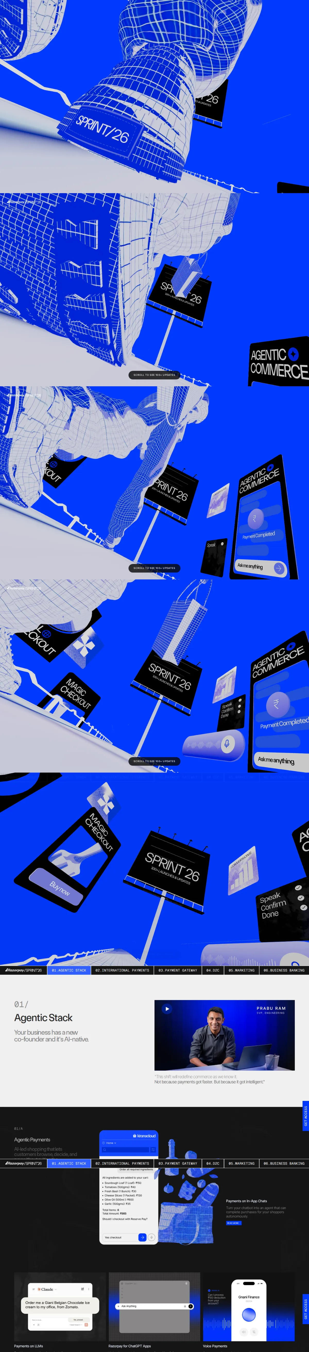 Razorpay Sprint 26: seven viewport frames stitched after successive scroll steps.