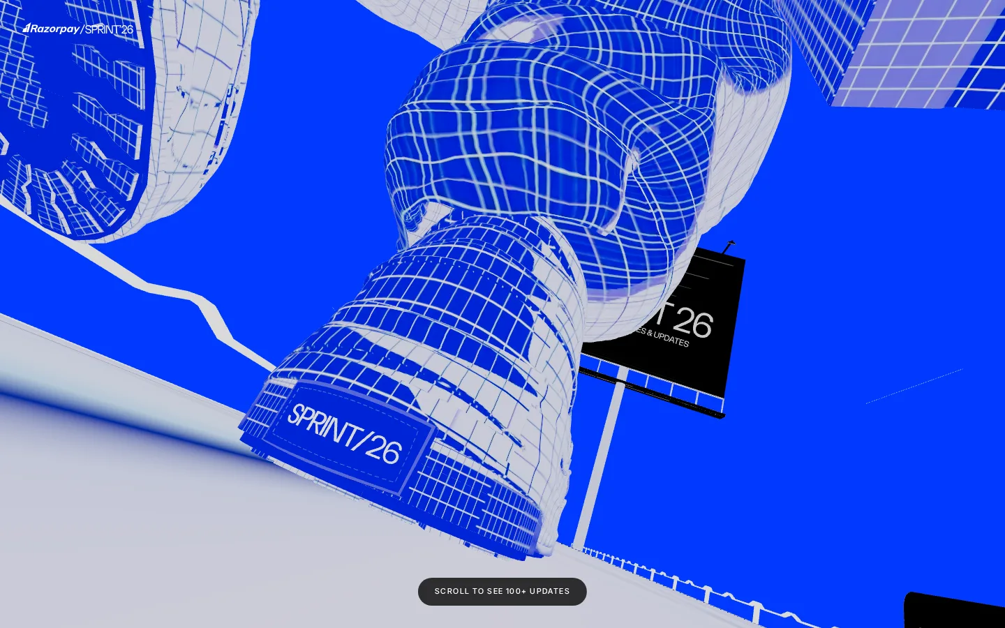 Razorpay Sprint 26 at 1440×900: electric-blue 3D scene with a wireframe sneaker and white line-work.