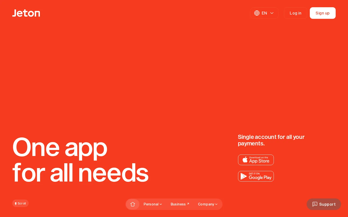 Jeton homepage at 1440×900: solid orange-red field with a large white headline bottom-left.