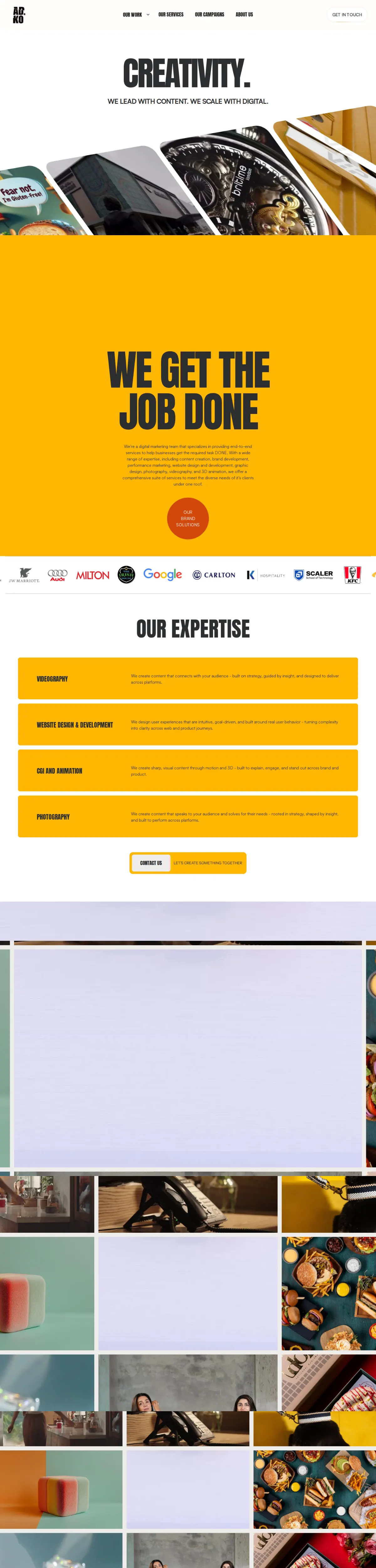 Adko full-page capture; video slots are blank because media was blocked.